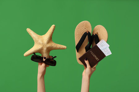 Female hands with summer accessories, passports and tickets on green backgroundの写真素材