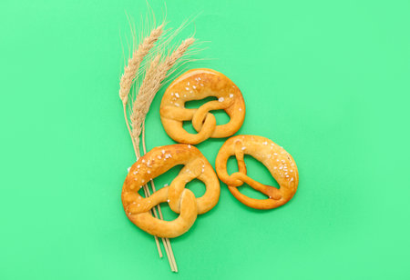 Soft pretzels and wheat spikelets on green backgroundの写真素材