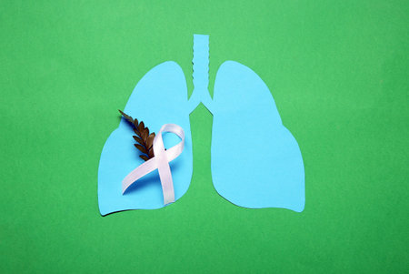Paper lungs with white ribbon and leaves on green background. Lung cancer conceptの写真素材