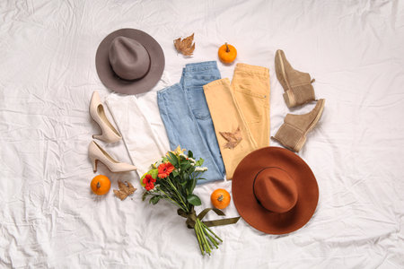 Beautiful autumn composition with stylish clothes, leaves, pumpkins and bouquet of flowers on white bed sheetの写真素材