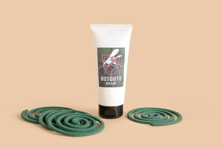 Mosquito repellent products on beige backgroundの写真素材