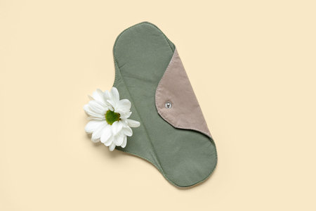 Reusable menstrual pad and chamomile flower on color backgroundの写真素材