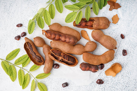 Tasty tamarinds, leaves and seeds on white backgroundの写真素材
