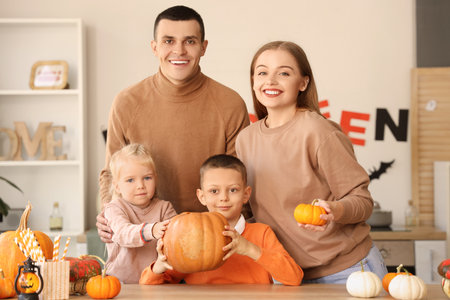 Happy family with Halloween pumpkins in kitchenの写真素材