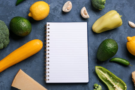 Blank notebook with fresh vegetables on blue grunge tableの写真素材
