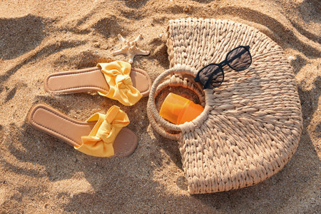 Stylish flips flops with beach accessories on sand at resortの写真素材