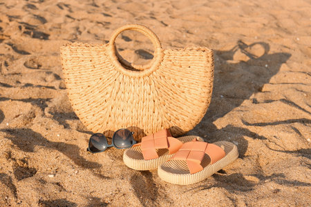 Stylish flips flops with sunglasses and wicker bag on sand at resortの写真素材