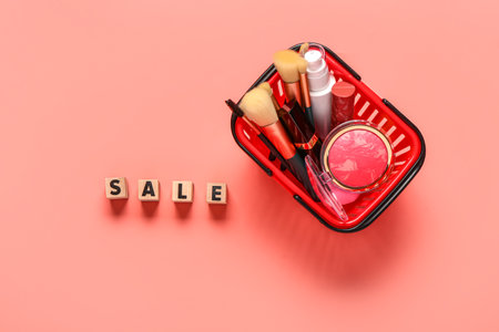 Shopping basket with makeup cosmetics and text SALE on pink backgroundの写真素材