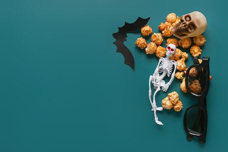 Composition with tasty caramel popcorn, skeleton, skull and 3D glasses for Halloween celebration on green backgroundの写真素材