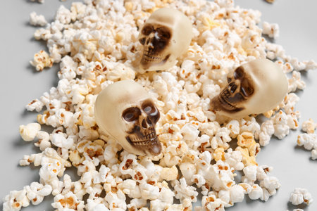 Composition with tasty popcorn and skulls on gray background, closeupの写真素材