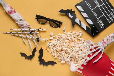 Composition with tasty popcorn, clapperboard, skeleton hands, 3D glasses and paper bats for Halloween celebration on beige backgroundの写真素材