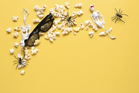 Composition with tasty popcorn, 3D glasses, spiders and skeletons for Halloween celebration on...