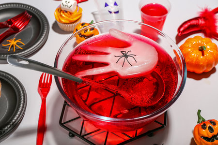 Party table setting with punch and Halloween decor on white backgroundの写真素材