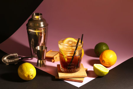 Glass of cold Long Island iced tea on dark color background