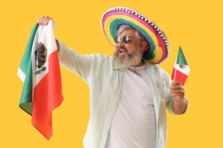 Mature man in sombrero hat with Mexican flags on yellow backgroundの写真素材