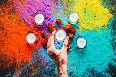 Female hand with colorful powder, candles and marigold flowers for celebration of Diwaly on dark backgroundの写真素材