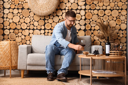 Young sommelier taking glass of wine from coffee table in living roomの写真素材