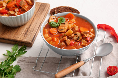 Bowls of tasty beef stew on white backgroundの写真素材