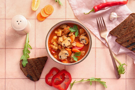 Bowl of tasty beef stew, bread and vegetables on beige tile backgroundの写真素材