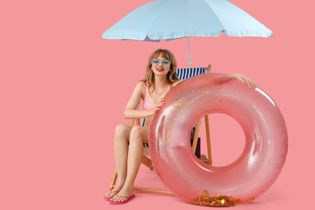 Young woman in deck chair with beach umbrella and swim ring on pink backgroundの写真素材