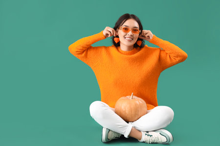 Young Asian woman in fall clothes with physalis and pumpkin on green backgroundの写真素材