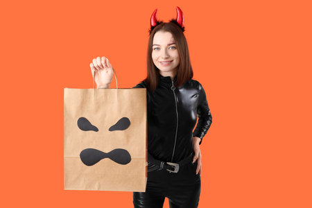 Young woman dressed for Halloween as devil with gift bag on orange background
