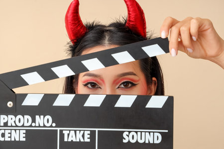 Beautiful young Asian woman dressed for Halloween as devil with clapperboard on beige backgroundの写真素材