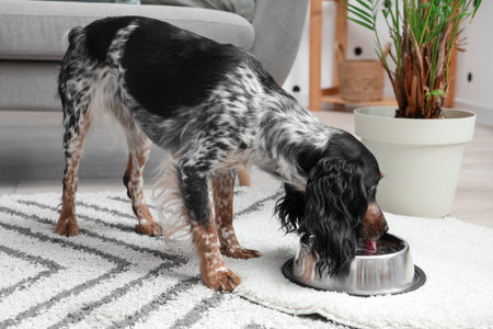 Cute cocker spaniel drinking water in living room