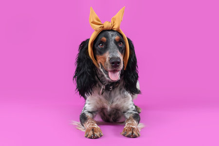 Cute cocker spaniel lying on purple background