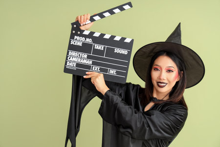 Beautiful young Asian woman dressed for Halloween as witch with clapperboard on green backgroundの写真素材