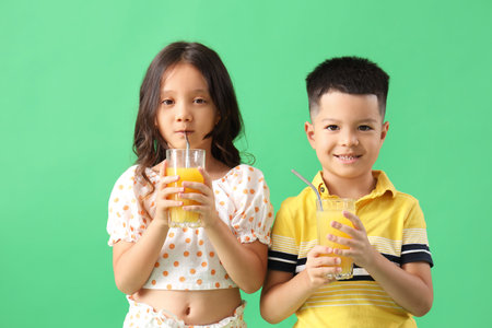 Little Asian children with glasses of fresh citrus juice on green backgroundの写真素材