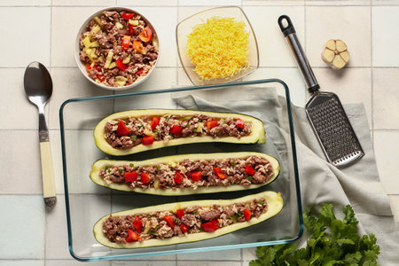 Baking dish with meat stuffed zucchini boats and ingredients on white tile backgroundの写真素材