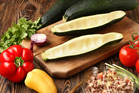 Board with raw zucchini boats and ingredients on wooden backgroundの写真素材
