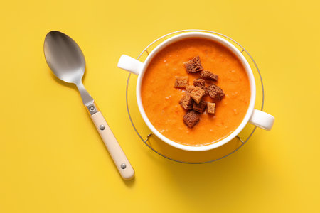 Pot of tasty cream soup with croutons on yellow backgroundの写真素材