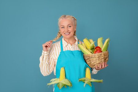 Mature female farmer with wicker basket full of different ripe vegetables on blue backgroundの写真素材
