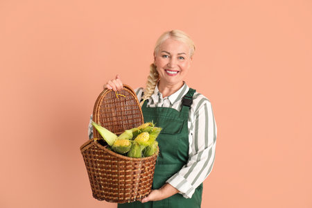 Happy mature female farmer with wicker basket full of ripe corn cobs on orange backgroundの写真素材