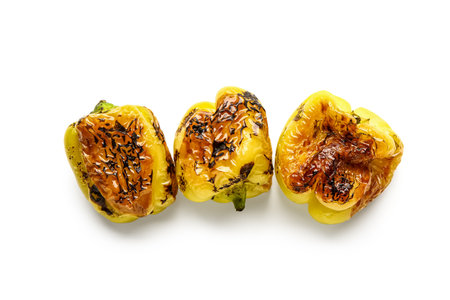 Grilled bell peppers on white backgroundの写真素材