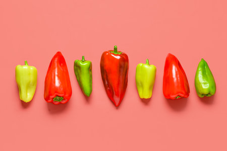Different fresh bell peppers on red backgroundの写真素材