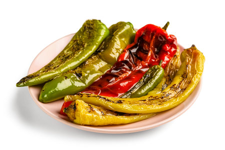 Plate with grilled chili peppers on white backgroundの写真素材