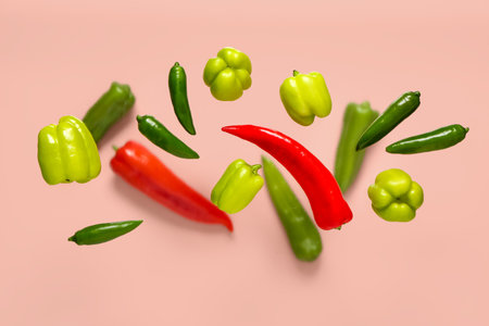 Different fresh peppers on pink backgroundの写真素材