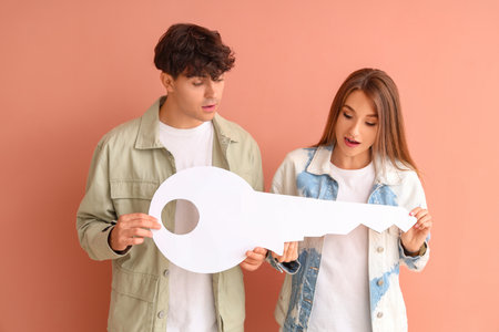 Surprised young couple with paper key on color backgroundの写真素材
