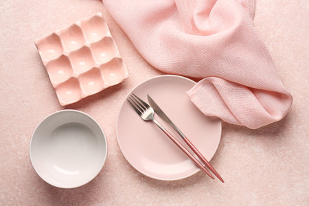 Plates, cutlery, egg holder and napkin on color backgroundの写真素材
