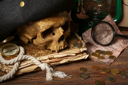 Human skull with pirate hat, old manuscripts, world map and travel equipment on brown wooden backgroundの写真素材