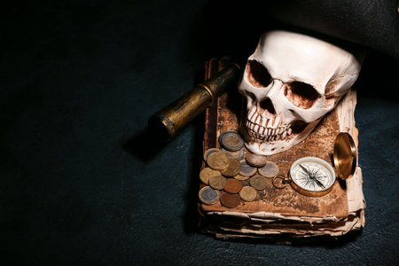 Human skull with old manuscripts, travel equipment, pirate hat and coins on black backgroundの写真素材