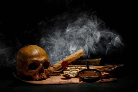 Human skull with old manuscripts, travel equipment and world map on black backgroundの写真素材