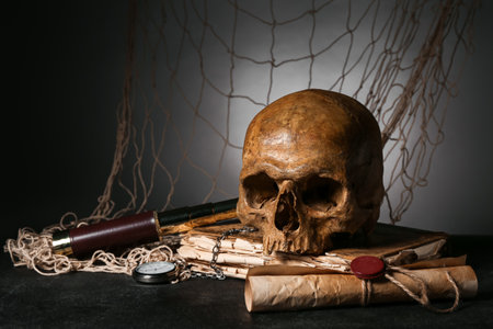 Human skull with spyglass, old manuscripts, net and scroll on black backgroundの写真素材