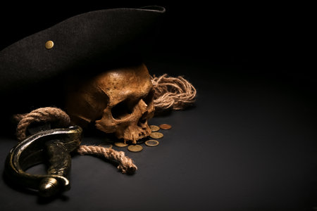 Human skull with sword, toy model of cannon, pirate hat and coins on black backgroundの写真素材