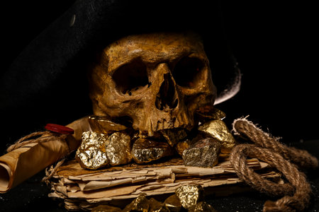 Travel equipment with golden nuggets, human skull, old manuscripts and pirate hat on black backgroundの写真素材