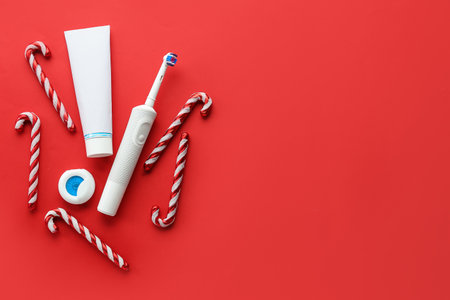 Set for oral hygiene with candy canes on red backgroundの写真素材