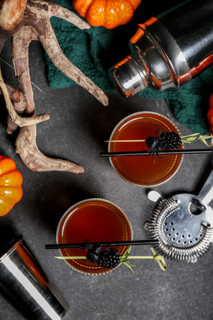 Composition with glasses of delicious cocktail with blackberry, shaker and wood for Halloween on dark backgroundの写真素材